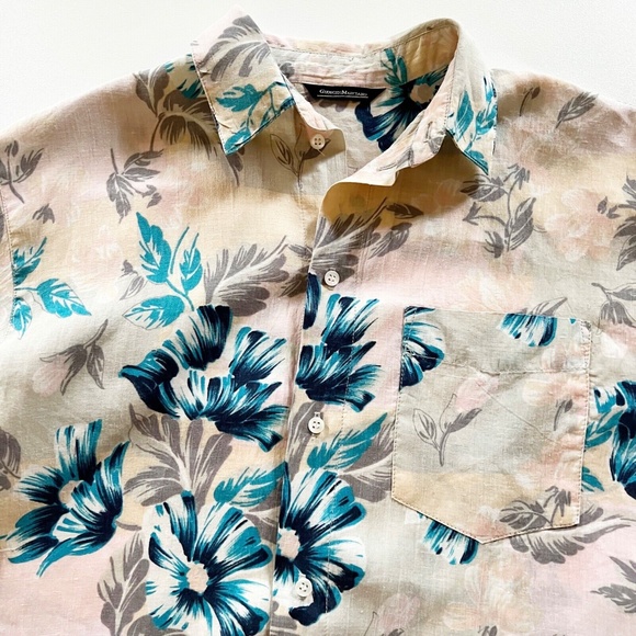 Vtg Guess Georges Marciano Hawaiian Floral L/S Shirt Ramie Peach Pink Teal Men L - Picture 3 of 12